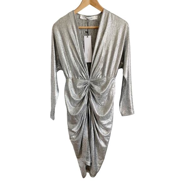 IRO Paris Cilty Silver Metallic Ruched Mini Dress NWT Small - Picture 2 of 9